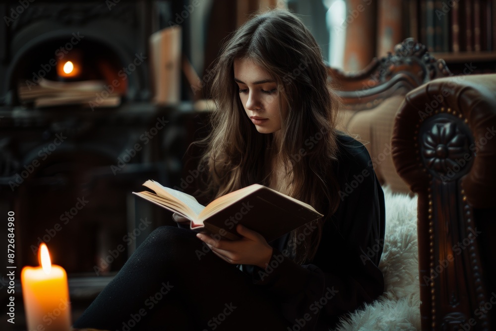 Young beautiful woman reading a book in the room with a fireplace. Young beautiful woman reading a book in the room with a fireplace.