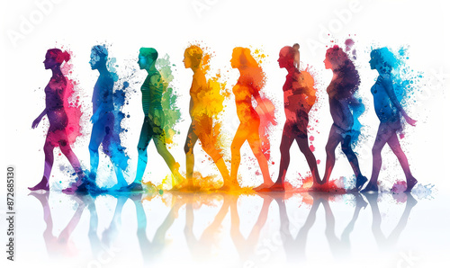 Colorful Silhouettes of Diverse People Walking in Unity with Vibrant Paint Splashes Representing Teamwork, Inclusion, and Diversity During Daylight, Captured in an Artistic, Abstract Style photo