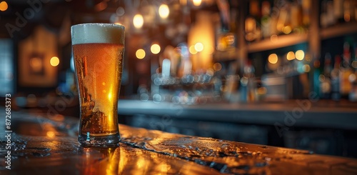 Cold Pint of Beer on a Bar Counter in a Pub