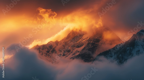 A majestic mountain peak towering above the clouds, bathed in golden sunlight with a soft mist rising from its base