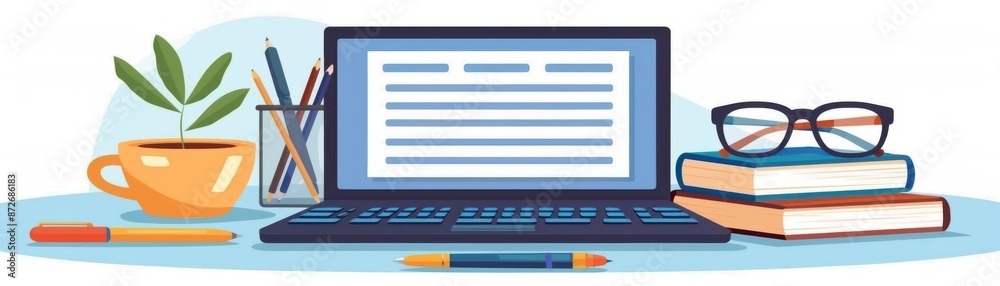 Illustration of a laptop, coffee cup, books, and stationery on a workspace, ideal for remote work or study themes.