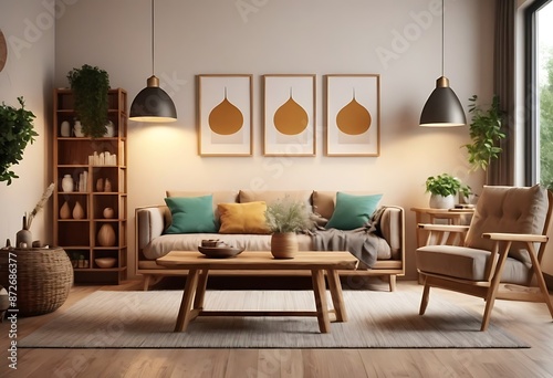 Frame mockup, ISO A paper size. Living room poster mockup. Interior mockup with house white background. Modern interior design. 3D render