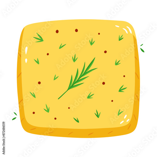 vector illustration of square focaccia bread adorned with sprigs of rosemary, isolated
