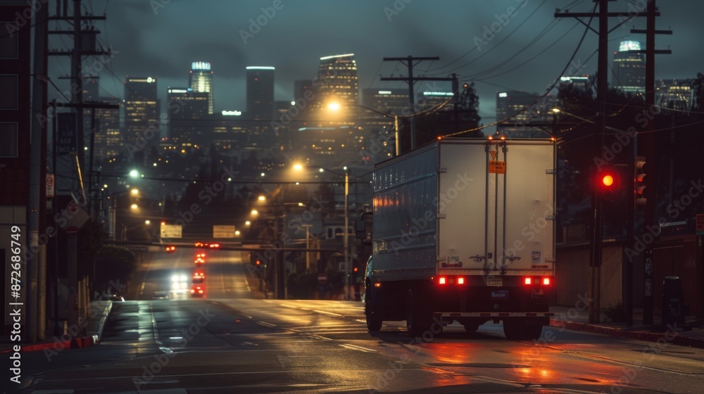 Fototapeta premium A truck drives through a city at night, with illuminated buildings and streetlights reflecting on the wet road, creating a moody atmosphere.