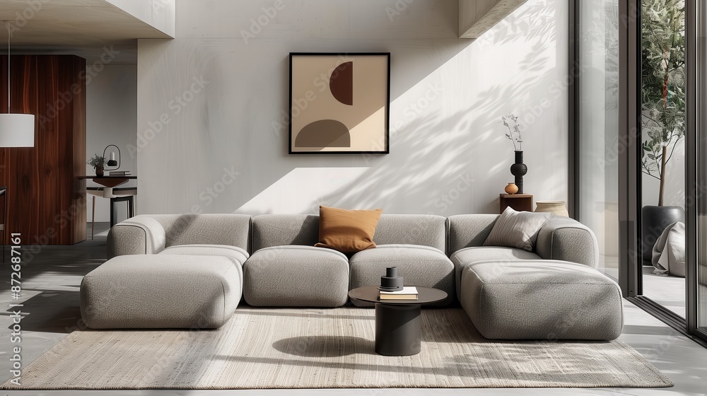 frame mockup, Modern living room with gray sectional sofa, minimalist decor, large windows, and artwork, creating a bright and cozy atmosphere. frame mockup, Modern living room with gray sectional sofa, minimalist decor, large windows, and artwork, creating a bright and cozy atmosphere.