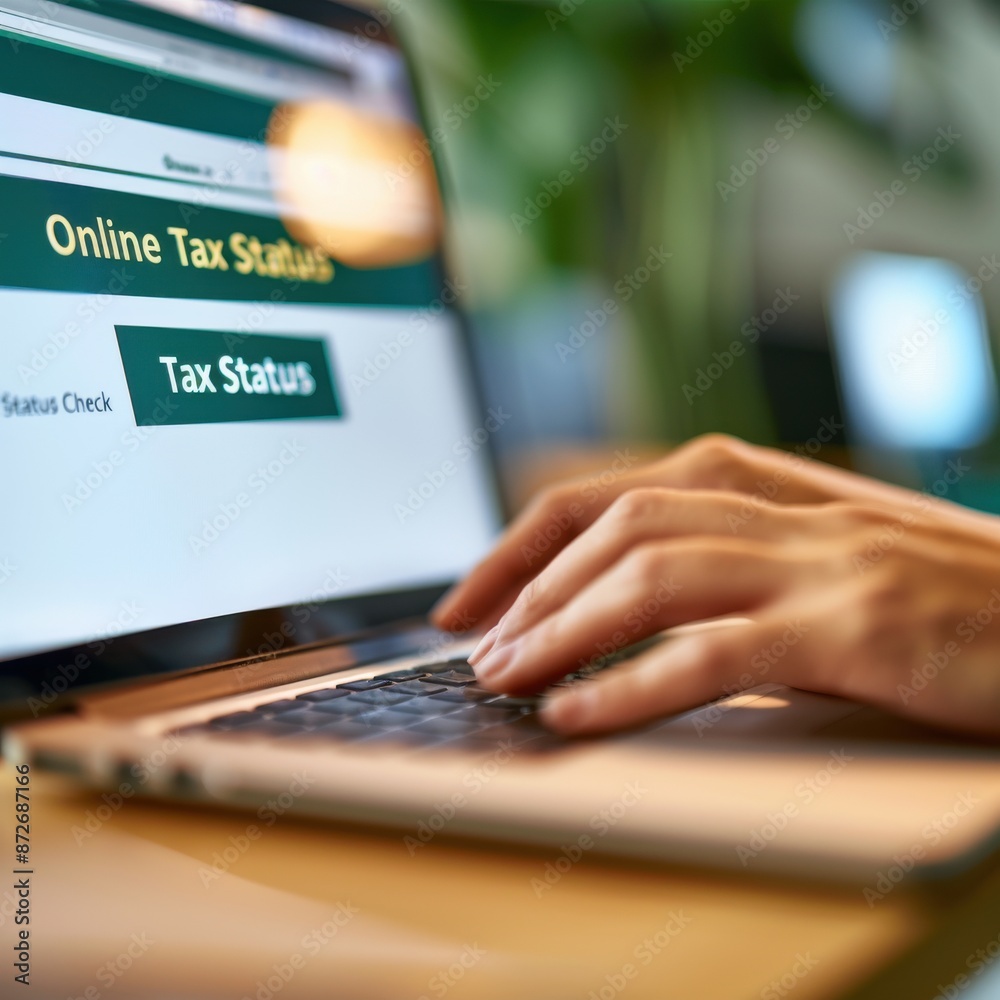 Person checking online tax status on a laptop, demonstrating digital services and technology in a modern workspace. Person checking online tax status on a laptop, demonstrating digital services and technology in a modern workspace.