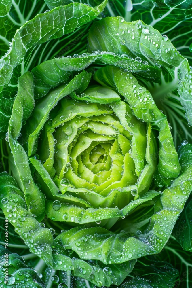Fototapeta premium Experience the vibrant beauty of fresh Chinese cabbage, garnished with sparkling water drops, highlighting its crisp texture and natural freshness.