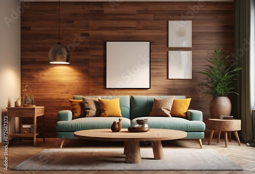 Frame mockup, ISO A paper size. Living room poster mockup. Interior mockup with house white background. Modern interior design. 3D render