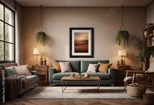 Frame mockup, ISO A paper size. Living room poster mockup. Interior mockup with house white background. Modern interior design. 3D render