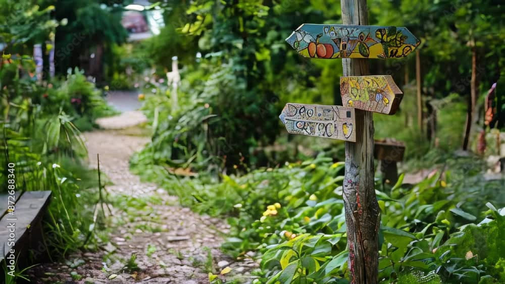 Vibrant vegetable garden pathway with colorful signs and lush greenery