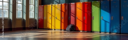 Colorful School Lockers With Backpack In A Bright Hallway