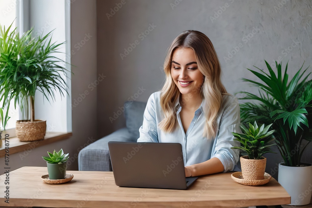 Young woman using laptop and smartphone at home. Cozy home interior with indoor plants. Work from home, remote work, online shopping, e-learning, urban jungle concept. Young woman using laptop and smartphone at home. Cozy home interior with indoor plants. Work from home, remote work, online shopping, e-learning, urban jungle concept.