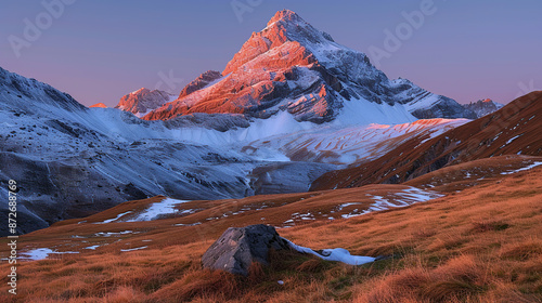 A majestic mountain peak towering above the clouds, bathed in golden sunlight with a soft mist rising from its base photo