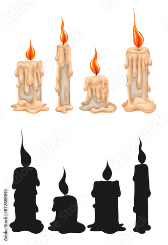 Vector set of cartoon and black silhouette wax candles with lights. Monochrome and colorful collection cliparts of paraffin candles isolated from white background. Game icons set