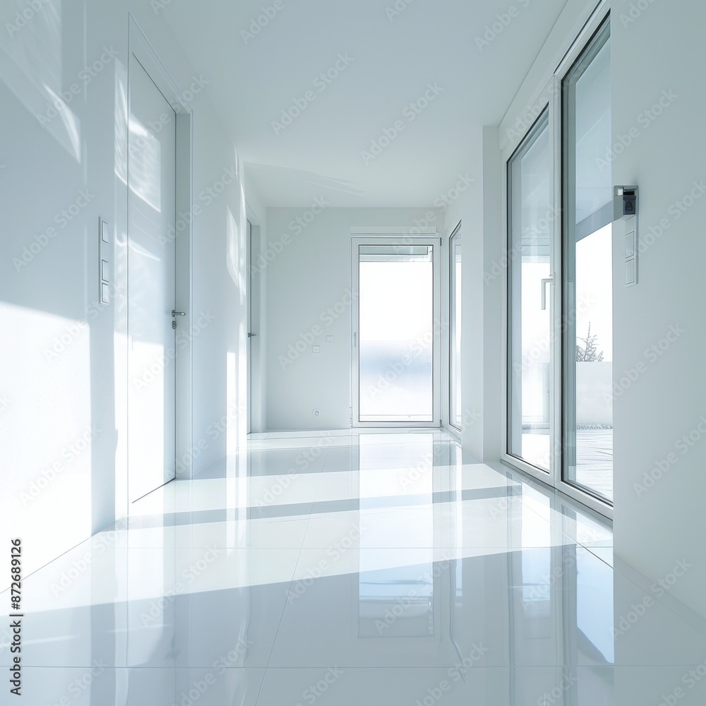 The building features a spacious white hallway adorned with many windows and doors, exuding a sense of openness and brightness in its interior design The building features a spacious white hallway adorned with many windows and doors, exuding a sense of openness and brightness in its interior design