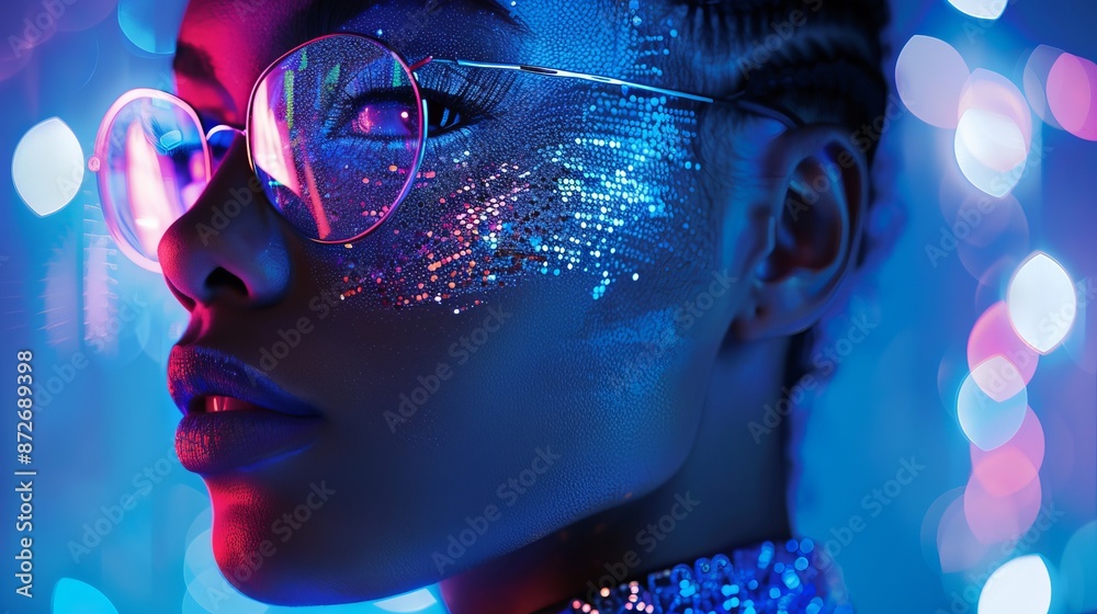 Woman in Neon Lights With Glitter Makeup Woman in Neon Lights With Glitter Makeup