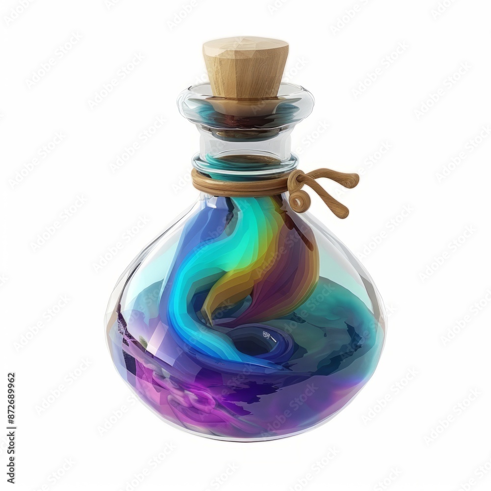 3D Render of a potion bottle with swirling liquid, on isolated white background, Generative AI