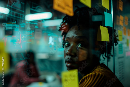 A person is standing behind a glass board covered with colorful sticky notes and complex writings, illustrating a brainstorming session or creative collaboration. photo