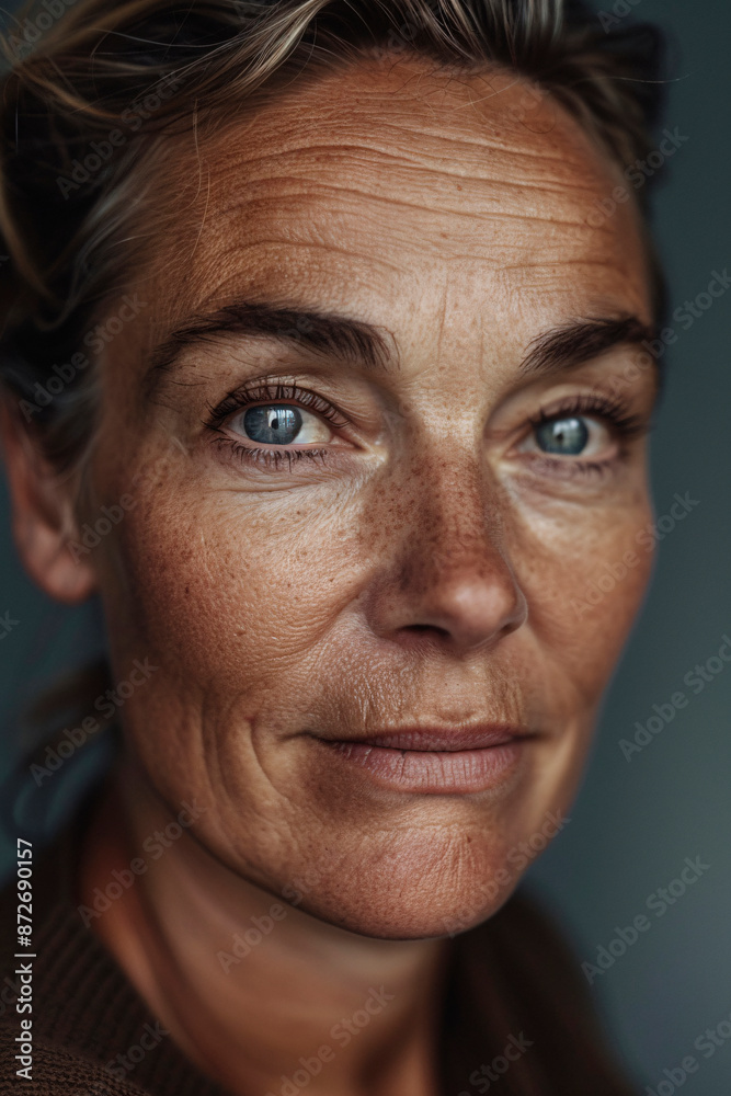 A detailed close-up portrait of a middle-aged woman with penetrating blue eyes, displaying subtle signs of aging and an aura of wisdom and experience. A detailed close-up portrait of a middle-aged woman with penetrating blue eyes, displaying subtle signs of aging and an aura of wisdom and experience.