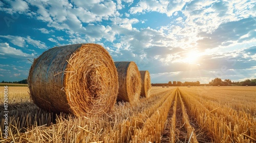 Golden hay bales in a harvested field under a beautiful cloudy sky at sunset.