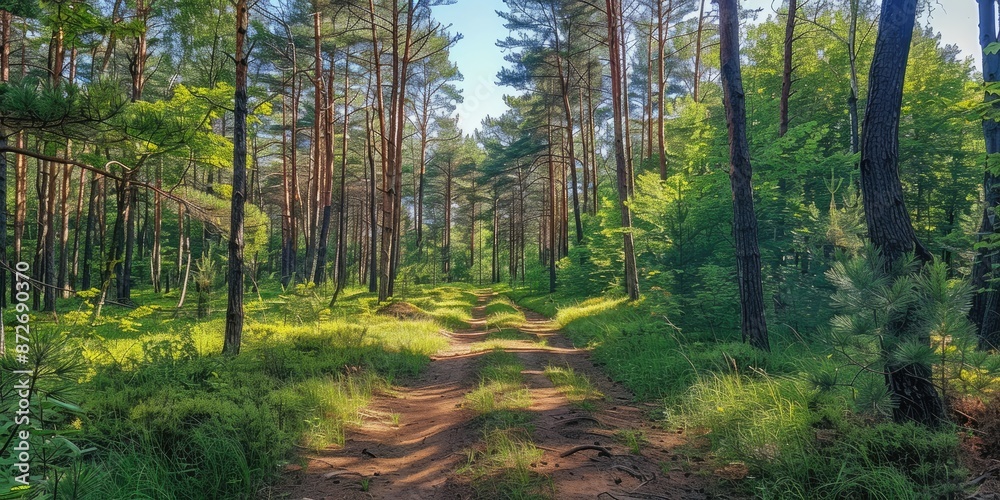 Fototapeta premium Pine forest panorama in summer. Pathway in the park