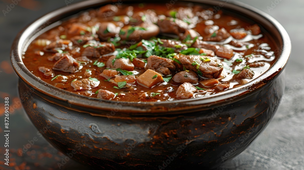 Close-Up of a Rich and Savory Stew in a Brown Bowl