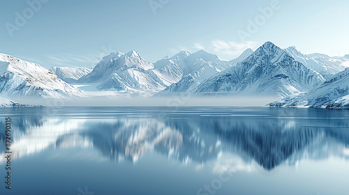 A serene winter landscape with snow-covered mountains reflecting in the calm waters of an ice lake