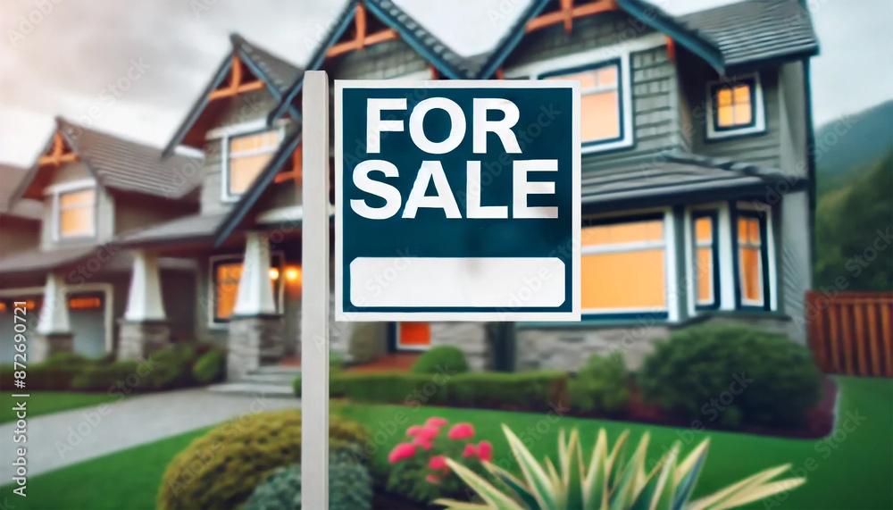House for Sale Sign with Blank Space on Blurred Building Background, Real Estate Concept House for Sale Sign with Blank Space on Blurred Building Background, Real Estate Concept