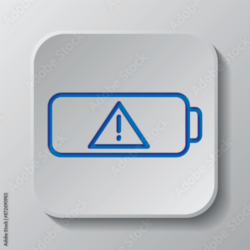 Battery attention simple iocn vector. Flat design. Paper cut design. Cutted blue symbol with shadow. Gray badge button, gray background