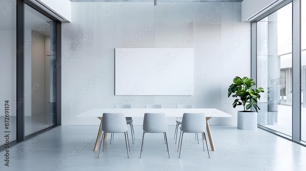 Modern minimalist conference room with white table, gray chairs, glass walls, and a green plant, designed for business meetings and presentations. Modern minimalist conference room with white table, gray chairs, glass walls, and a green plant, designed for business meetings and presentations.