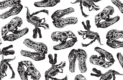 Wallpaper Mural Graphical wallpaper design with dinosaur skulls and skeletons on white, background fossils. Vector illustration Torontodigital.ca