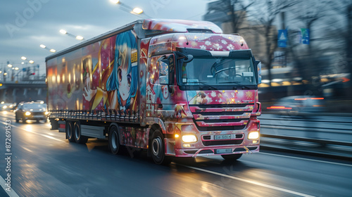 Anime style wrapped truck driving on the road in modern style with anime girl sticker photo