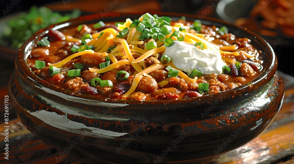 Chili with Cheese and Sour Cream in a Brown Bowl Chili with Cheese and Sour Cream in a Brown Bowl
