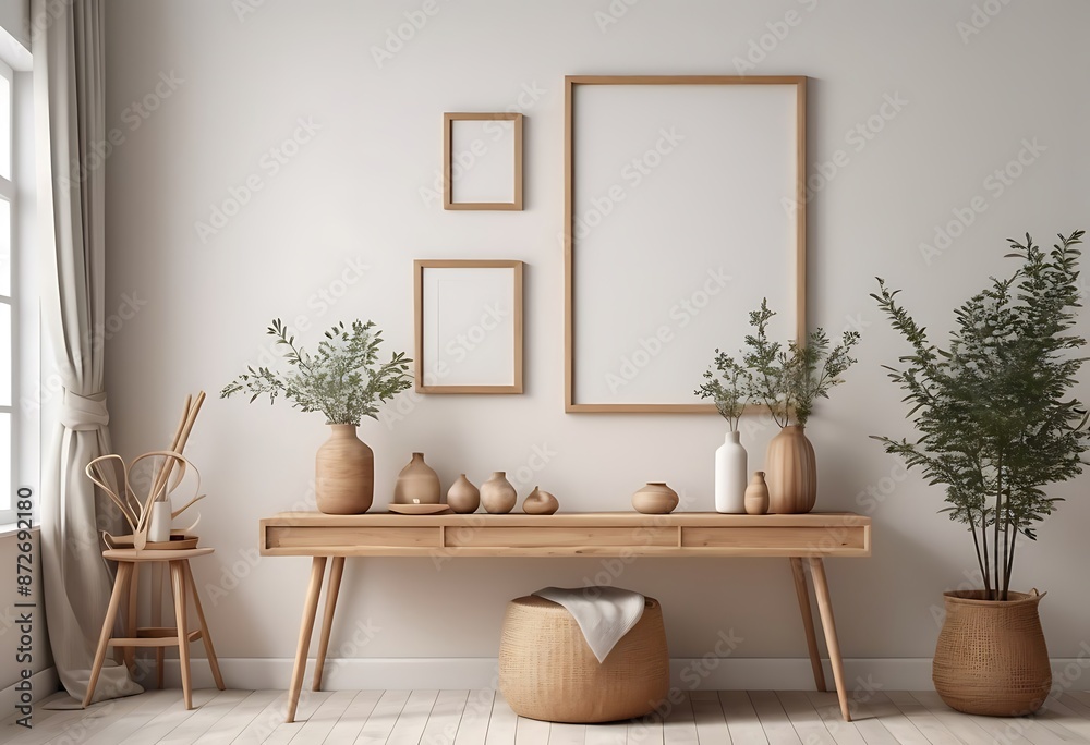 Mock up frame in home interior background, white room with natural wooden table and decor, 3d render Mock up frame in home interior background, white room with natural wooden table and decor, 3d render