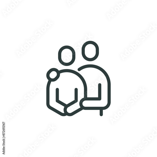 Thin outline icon man hugs another person. Line sign caregiver, hug friendship, care, empathy and compassion. Vector isolated pictogram on white background.