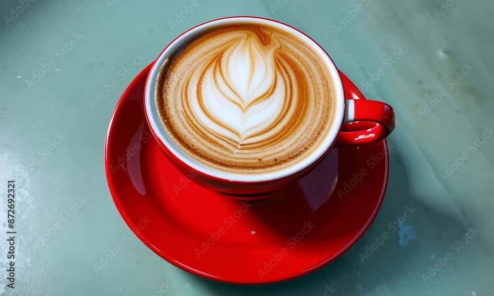Red mug with red saucer filled with cappuccino. pattern in the froth of the coffee Red mug with red saucer filled with cappuccino. pattern in the froth of the coffee