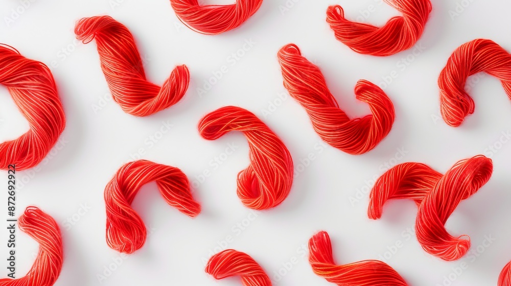 Abstract shapes created with red woolen thread, isolated against a white background, top view Abstract shapes created with red woolen thread, isolated against a white background, top view