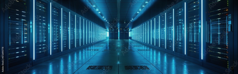 Modern Data Center Server Room With Blue Lights Modern Data Center Server Room With Blue Lights