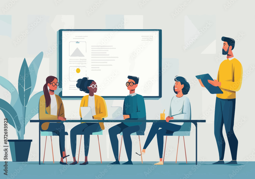 Team Learning Session with Lecturer Presenting Educational Material in Modern Office Setting, Daytime, Collaborative and Engaging Business Illustration