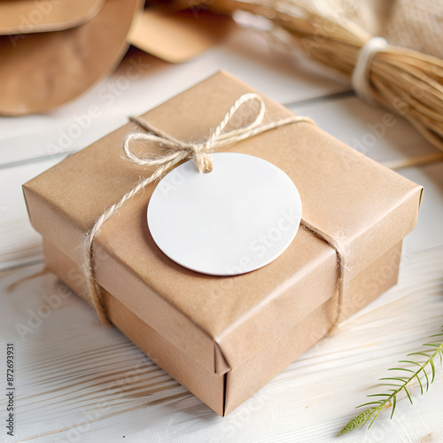 Gift tag mockup. Top view round blank white circle sticker for wedding, christmast, valentine, birthday or brand logo label product design with brown vintage kraft paper box on wooden table