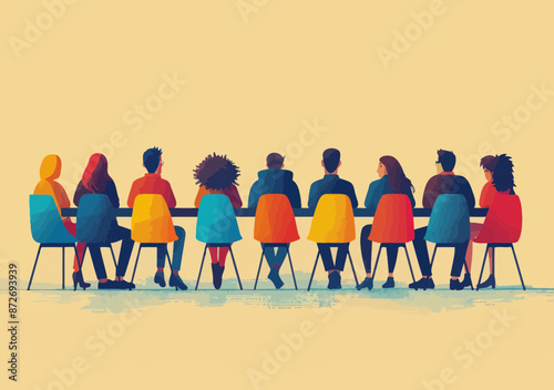 Diverse Group Discussion Around Round Table Sitting on Brightly Colored Chairs, Minimalistic Vector Illustration, Collaboration and Social Interaction Theme