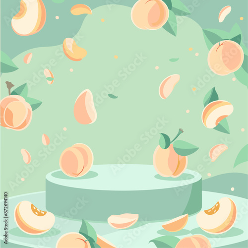 presentation platform overflowing with fruit. The platform is green and circular, and it is surrounded by peaches and leaves