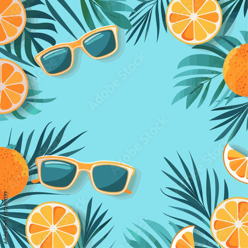 summery scene with sunglasses, orange slices, and palm leaves. The sunglasses are blue with yellow frames