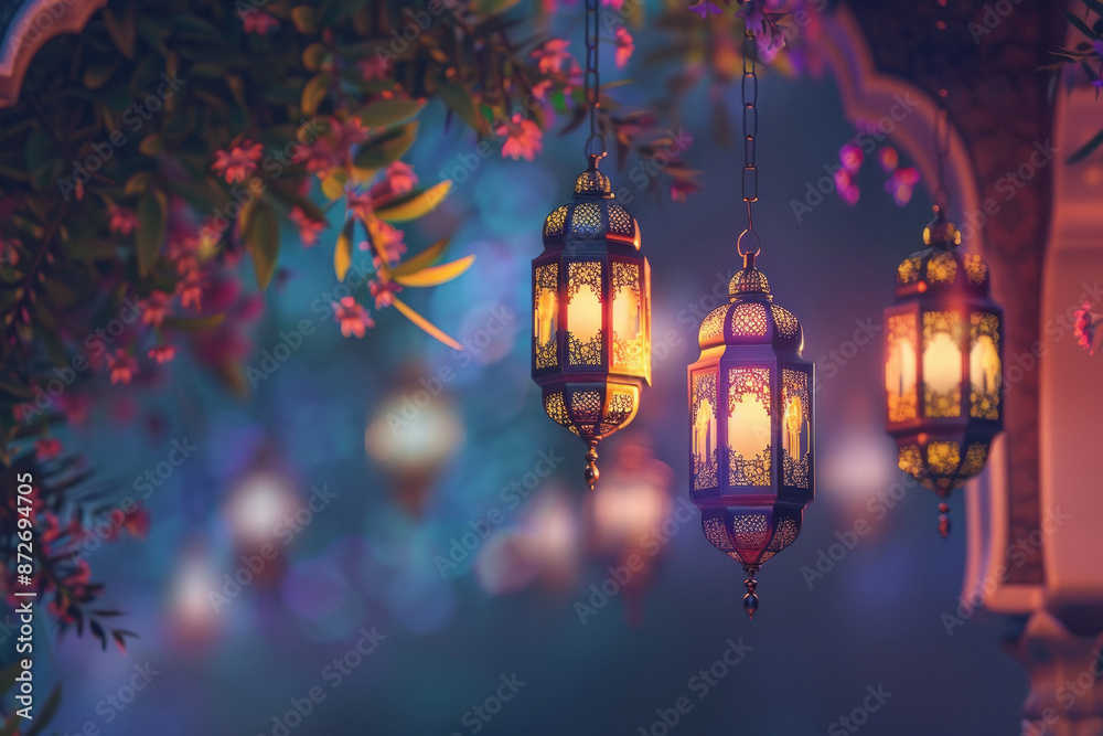 group of Ramadan lanterns hanging on cultural background group of Ramadan lanterns hanging on cultural background