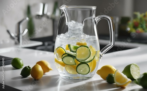 Detox water with cucumber, lime and lemon in glass jug photo