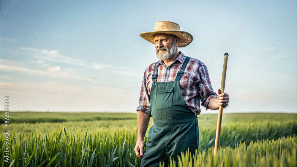 An elderly farmer with a hat smiles in a green field on a summer day An elderly farmer with a hat smiles in a green field on a summer day