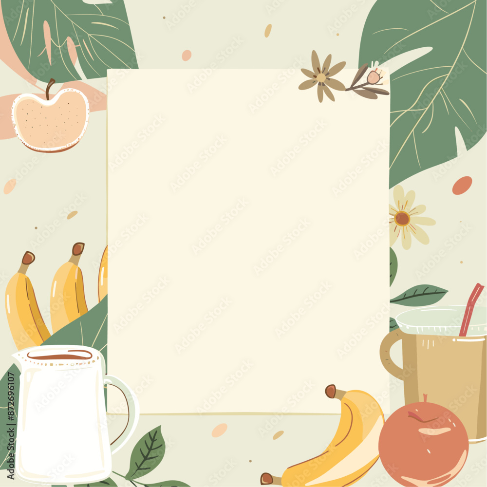 colorful breakfast spread featuring three fruits and a beverage. There are three bananas, two yellow and one with brown spots colorful breakfast spread featuring three fruits and a beverage. There are three bananas, two yellow and one with brown spots