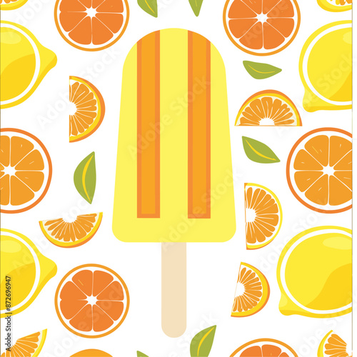 Citrusy Summer Surprise: A Bright Yellow Popsicle Nestled Among Refreshing Oranges and Lemons