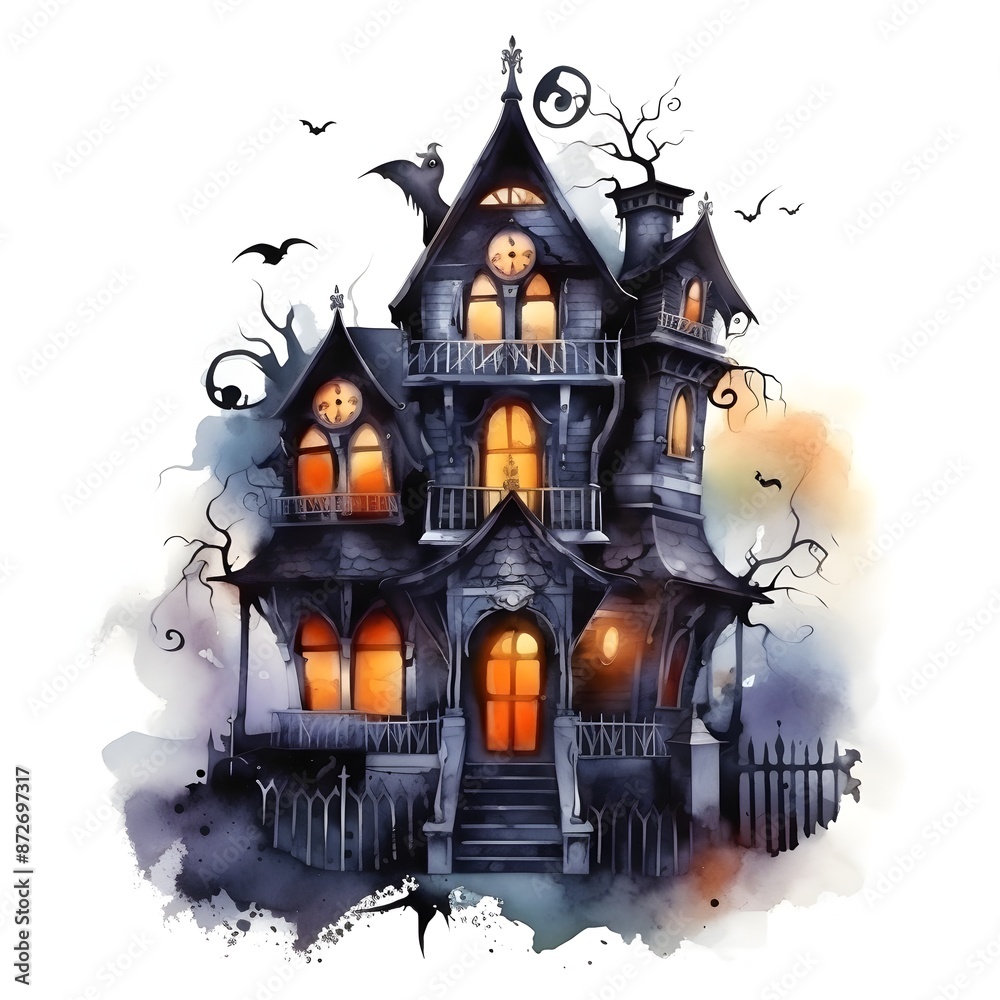 Haunted Halloween Mansion in Watercolor Spooky Isolated Gothic Architecture on White Background Haunted Halloween Mansion in Watercolor Spooky Isolated Gothic Architecture on White Background