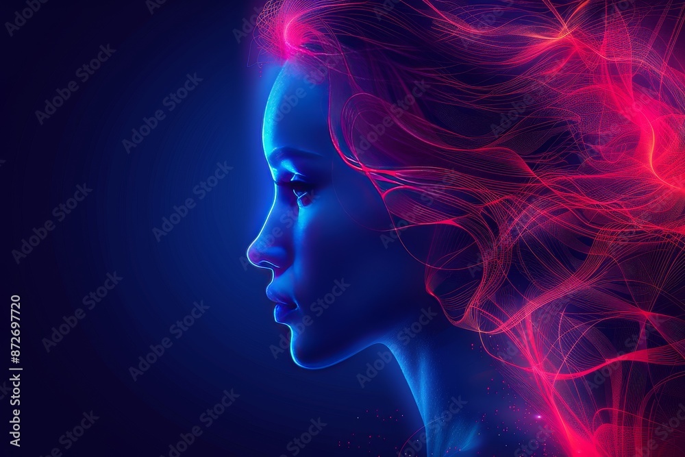 Futuristic digital artwork of a woman’s profile with neon light effects capturing a high tech and modern aesthetic in a dark setting